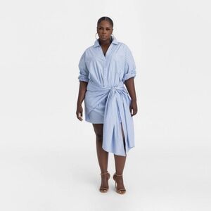 KBB by KAHLANA NWT XXL Light Blue Striped Tie Waist Long Sleeve Shirtdress
